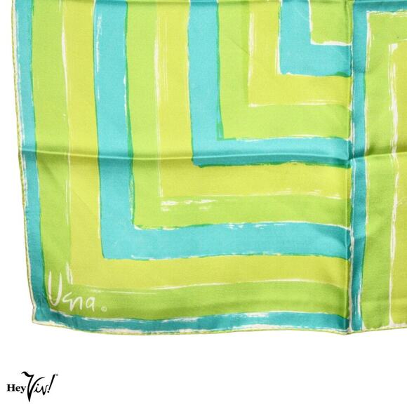 Vintage Vera Silk Scarf Green Geometric Handrolled USA Square 22x22 - Hey Viv - Picture 2 of 4
